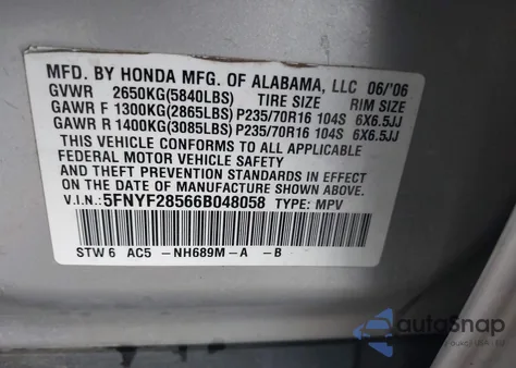 2006 Honda Pilot Ex-L z USA, uszkodzony, nr VIN 5FNYF28566B048058